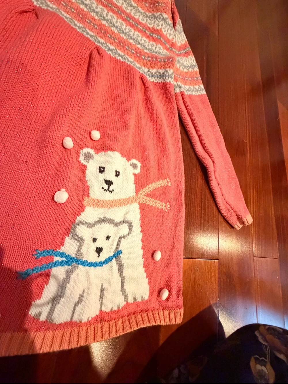 Girls Coral Knit Polar Bear Sweater Dress